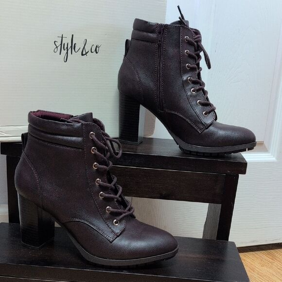 Style & Co. Shoes - Style & Co. Laurellee Lace-Up Side Zipper Ankle Boots Deep Burgundy Wine Sz7.5M